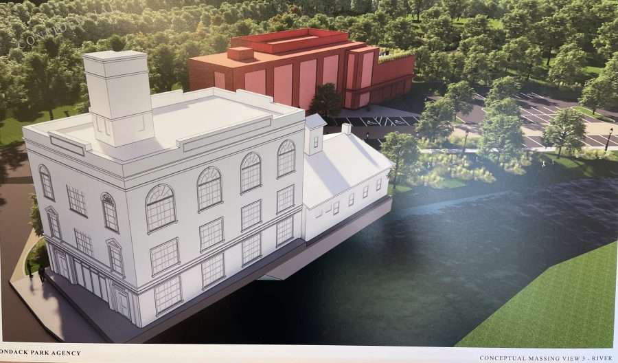 A rendering shows the Paul Smith's Power and Light Building at 1-3 Main St. in the village of Saranac Lake as the Adirondack Park Agency's new headquarters. The agency would build a 19,000-square-foot addition behind it and a new parking lot.