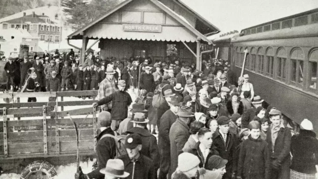 black and white photo of the original snow train in 1935