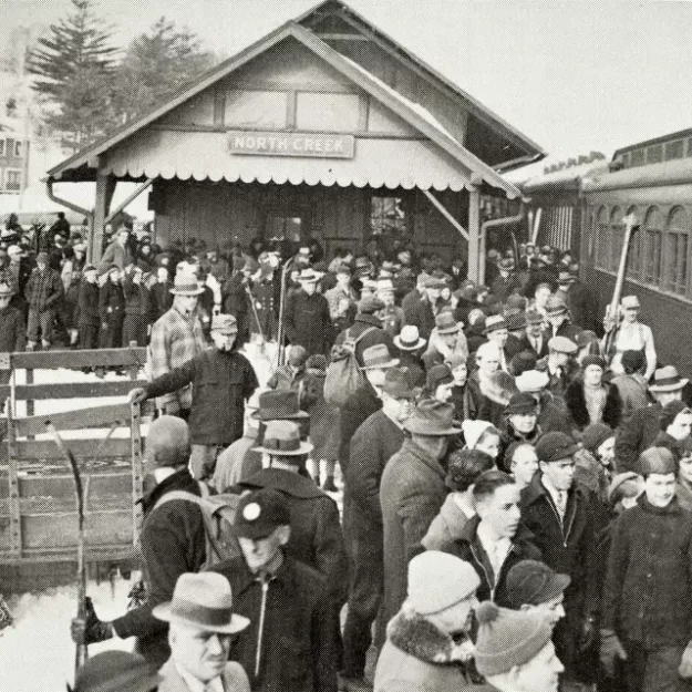 black and white photo of the original snow train in 1935