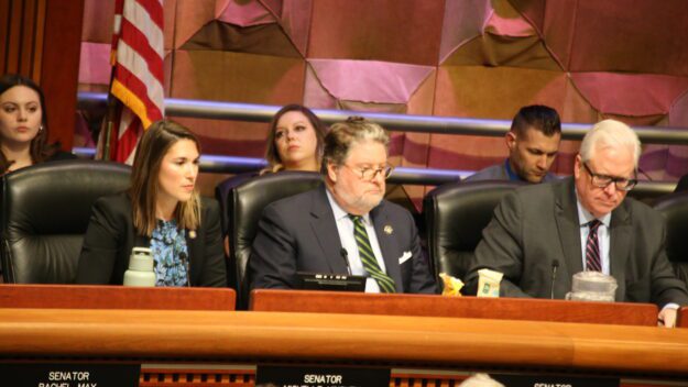 Sen. Peter Harckham, center, chair of the state Senate's Environmental Conservation Committee, listens during a budget hearing on Wednesday in Albany.