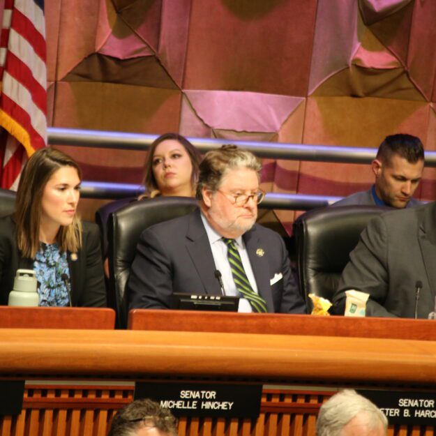 Sen. Peter Harckham, center, chair of the state Senate's Environmental Conservation Committee, listens during a budget hearing on Wednesday in Albany.