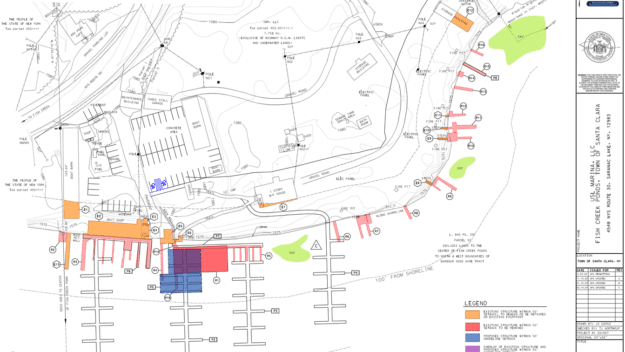 A screenshot of design plans from the marina application showing structures to be removed (in red), a new covered dock (in blue) and the outline of other new docks.