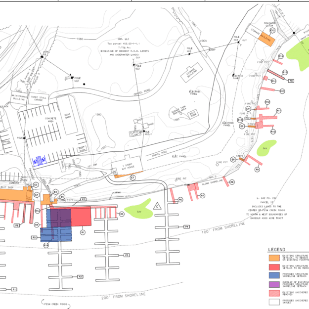 A screenshot of design plans from the marina application showing structures to be removed (in red), a new covered dock (in blue) and the outline of other new docks.