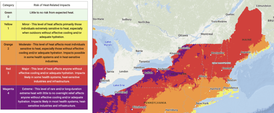 A map showing different heat categories and the Adirondacks