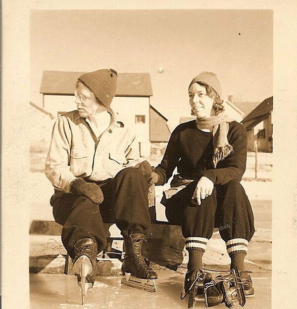 Lois Perret Schaefer, left, and Gertrude Schaefer, with skates in North Creek, 1933.