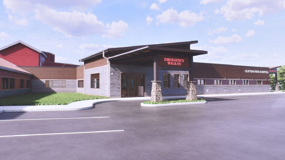 An architectural rendering of the roughly $23 million dollar Emergency Room at the Clifton-Fine Hospital in Star Lake. The new 10,000 square-foot facility, slated to be open by September, 2025, will replace the 800 square-foot facility built in 1951.