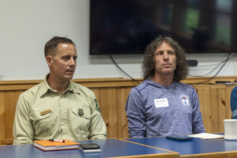 Jeff Fongemie (left) is the director of Mount Washington Avalanche Center. To his right is Will Murphy, president of Androscoggin Valley Search and Rescue. Photo by Mike Lynch