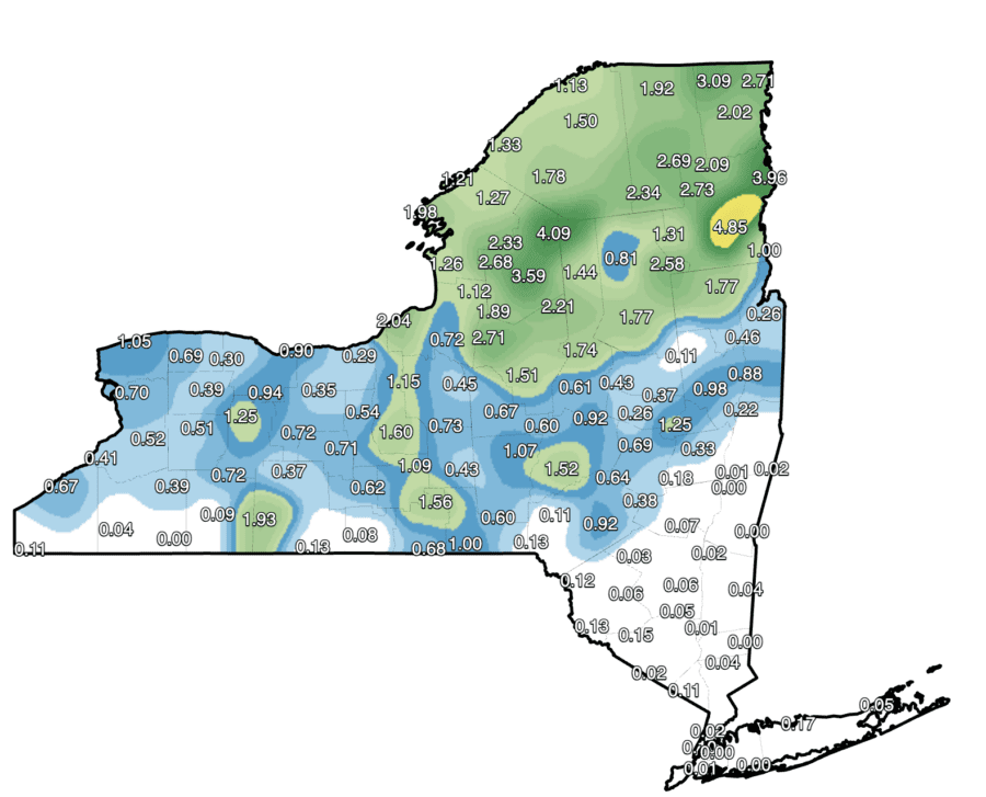 A map of New York showing rain in inches from Hurricane Beryl