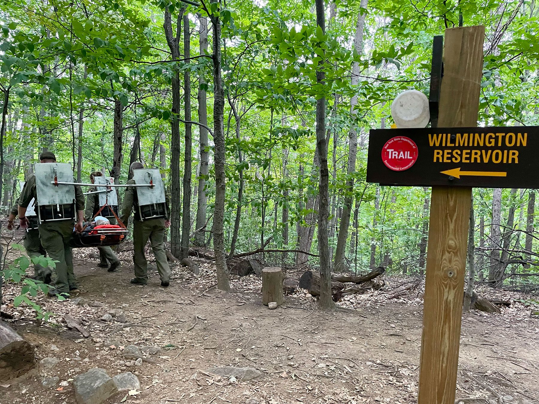 Forest rangers carry an injured hiker through a trial.