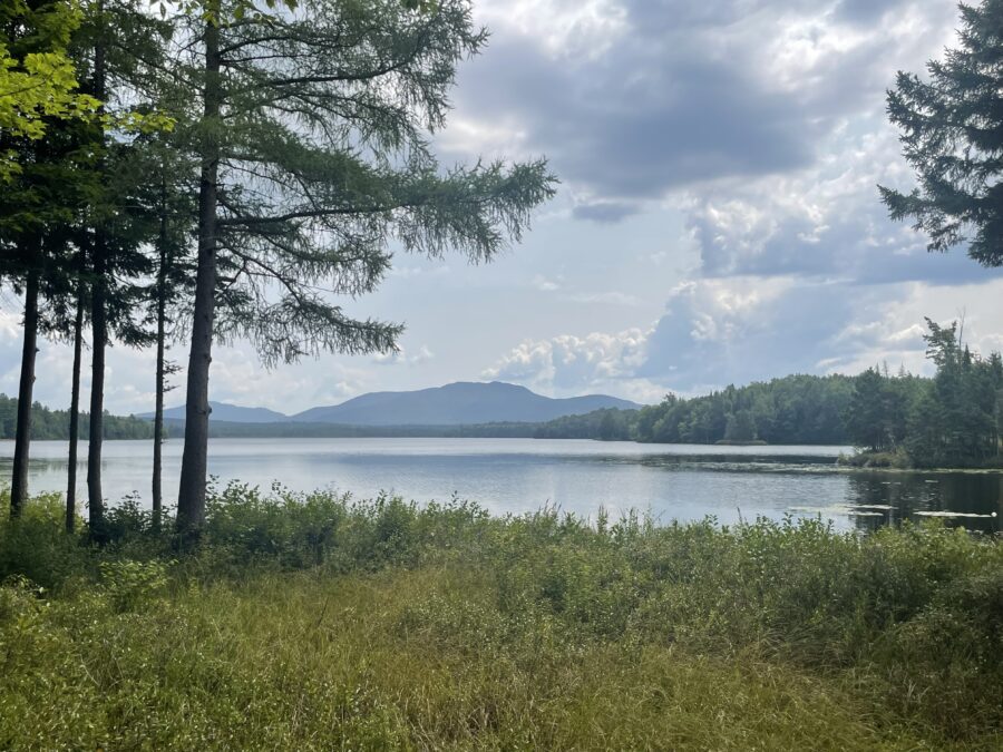 A view of a lake and mountain in the distance