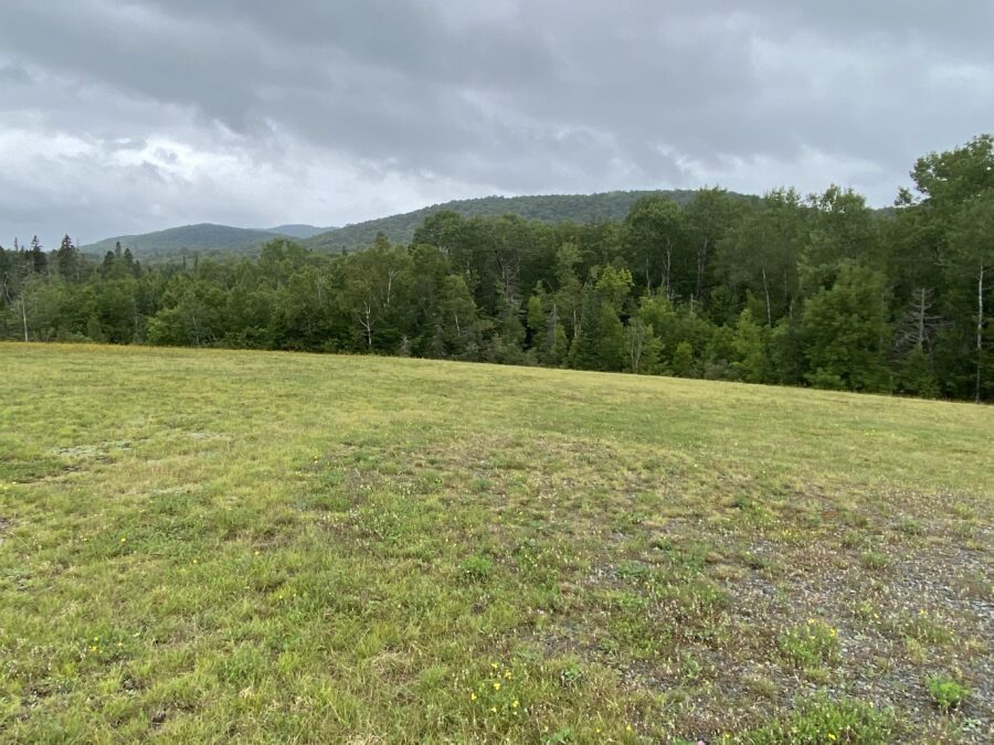 A grassy hill on a capped landfill in Indian Lake with mountain views