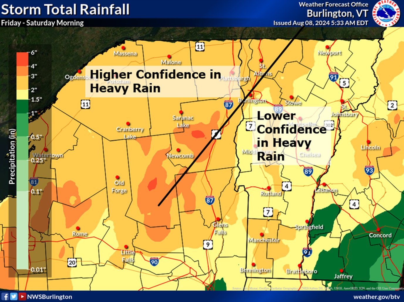 Graphic from the National Weather Service in Burlington showing potential rainfall amounts. 