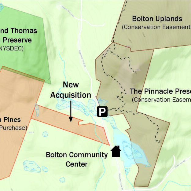 This map shows LGLC's recent 30-acre purchase along with its Twin Pines Preserve and nearby Adirondack Forest Preserve lands. Courtesy of LGLC