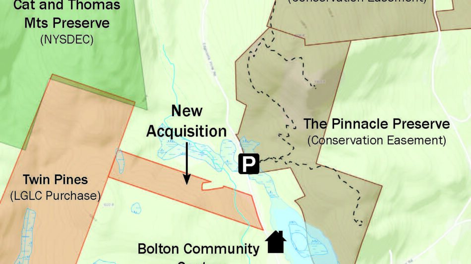 This map shows LGLC's recent 30-acre purchase along with its Twin Pines Preserve and nearby Adirondack Forest Preserve lands. Courtesy of LGLC