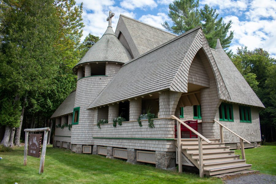 Church with cedar shake siding.