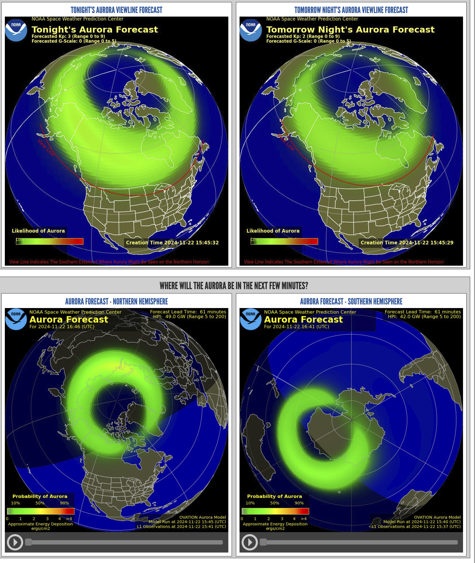 The NOAA Space Weather Prediction Center has daily forecasts for auroras. 